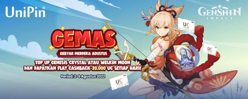 GEMAS – Gebyar Merdeka Agustus! Top Up Genesis Crystal atau Beli Welkin Moon Dapat Flat Cashback 20.000 UniPin Credits Setiap Hari!
